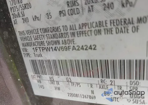 2009 Ford F-150 Fx4/King Ranch/Lariat/Platinum/Xl/Xlt z USA, uszkodzony, nr VIN 1FTPW14V69FA24242